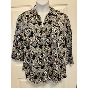Foxcroft Women's Plus‎ Size 16W Button Up Shirt Black Tan White Paisley